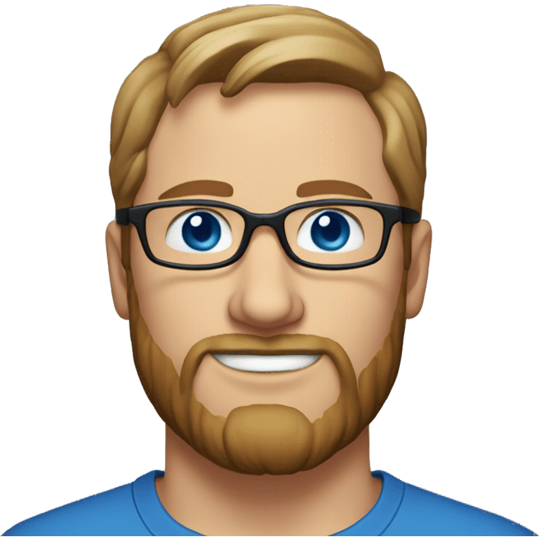 A head and shoulders shot of a 35 year old White man, with short brown hair, with beard facial hair,  wearing glasses with blue eyes wearing a t-shirt. emoji