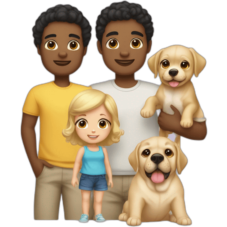 A familia husband and wife black hair a boy of 7 with blond hair another boy of 5 with black hair a baby girl 14 month with blond curly hair, a yellow Labrador and a white pugg emoji