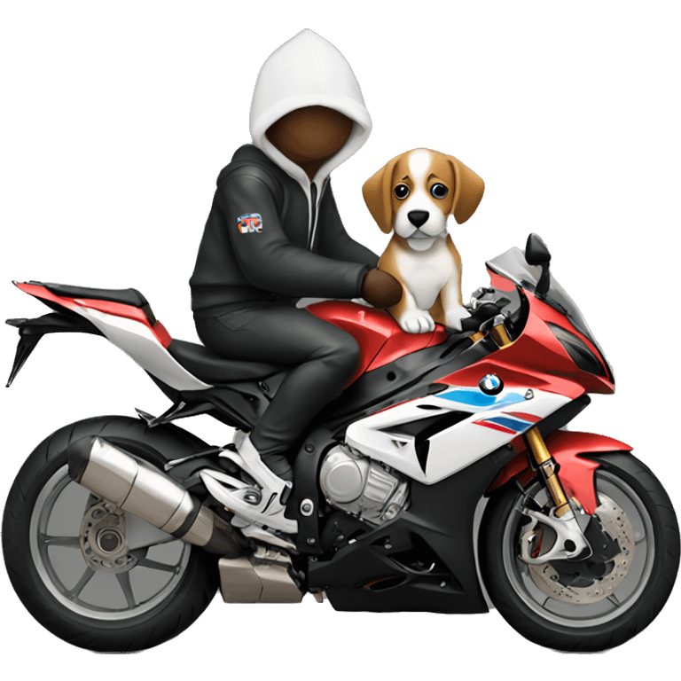 Dog wearing hoodie riding bmw s100 rr emoji