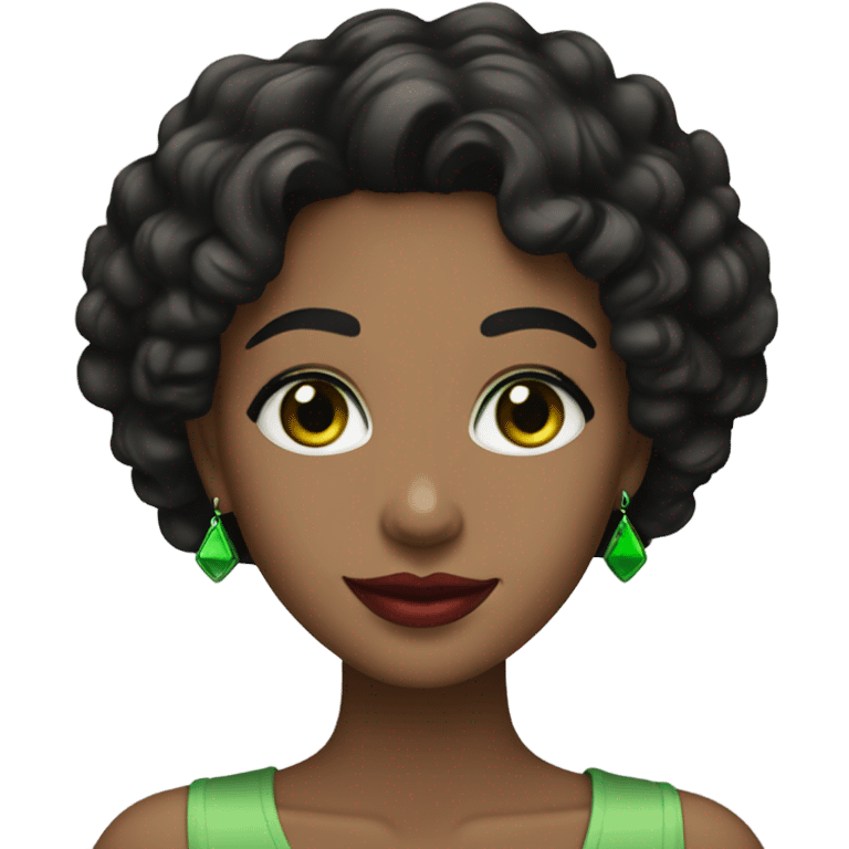 woman with black curly hair, red lips, green eyes and smile  emoji