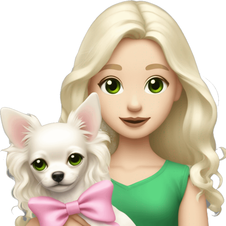 pale blond girl with wavy long platinum hair with green eyes holding a white chihuahua puppy that wearing a pink bow emoji