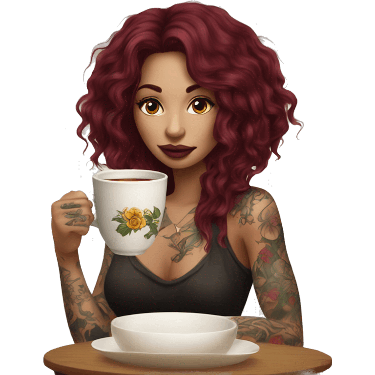 Beautiful tattooed  burgundy long haired woman sipping tea emoji