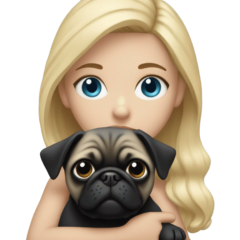 Girl with blonde hair and blue eyes holding a black pug emoji