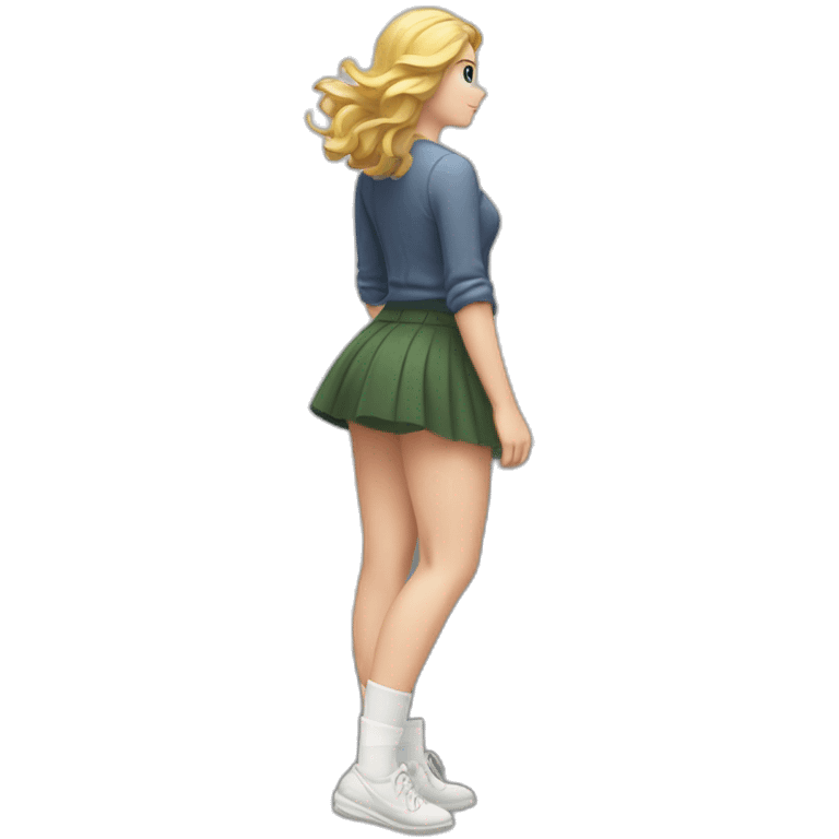 full body back view curvy caucasian beauty in small skirt lifted by the wind white socks emoji