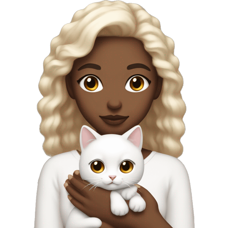 Emoji girl with light skin, beautiful makeup, brown eyes, holding a white fluffy cat emoji