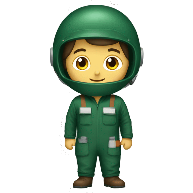 A BOY WEARING DARK GREEN COVERALL WITH BROWN SAFETY HELME emoji