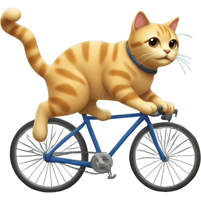 Cat riding a bicycle. The bicycle is jumping uppon a stone.  emoji