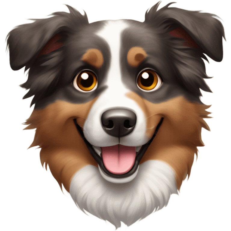 Australian Shepherd with a combination of gray, black, and brown fur, expressive brown eyes, and a big, happy smile. Its ears are fluffy, slightly perked, and it is wearing a red tag on its collar. emoji