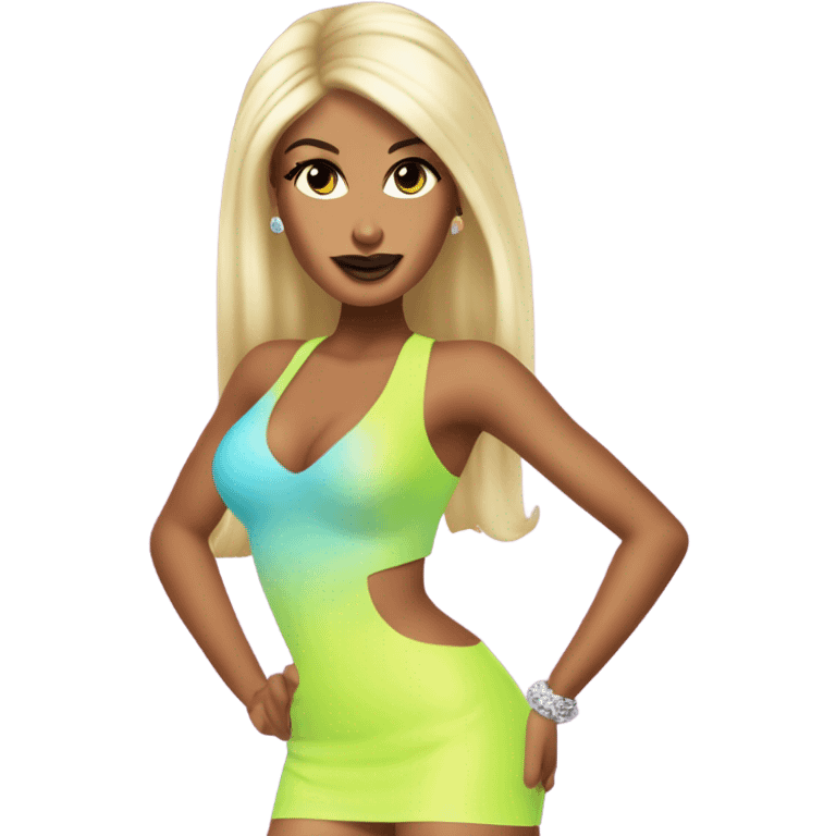 Tanned woman with long black hair, dressed in y2k Paris Hilton hair, makeup, and neon attire emoji