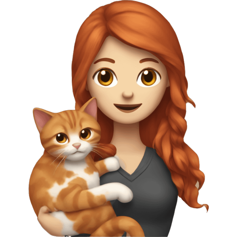 Red haired woman holding 1 brown and orange cat with big tail emoji