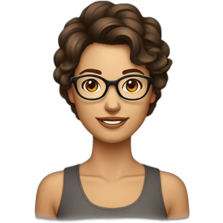 femme brune un peu bronzée avec des cheveux court et bouclée et des lunettes emoji