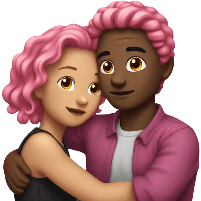 make a guy and a girl, they are hugging, the girl has pink long wavy hair. The guy has black hair and light skin. They are facing each other emoji