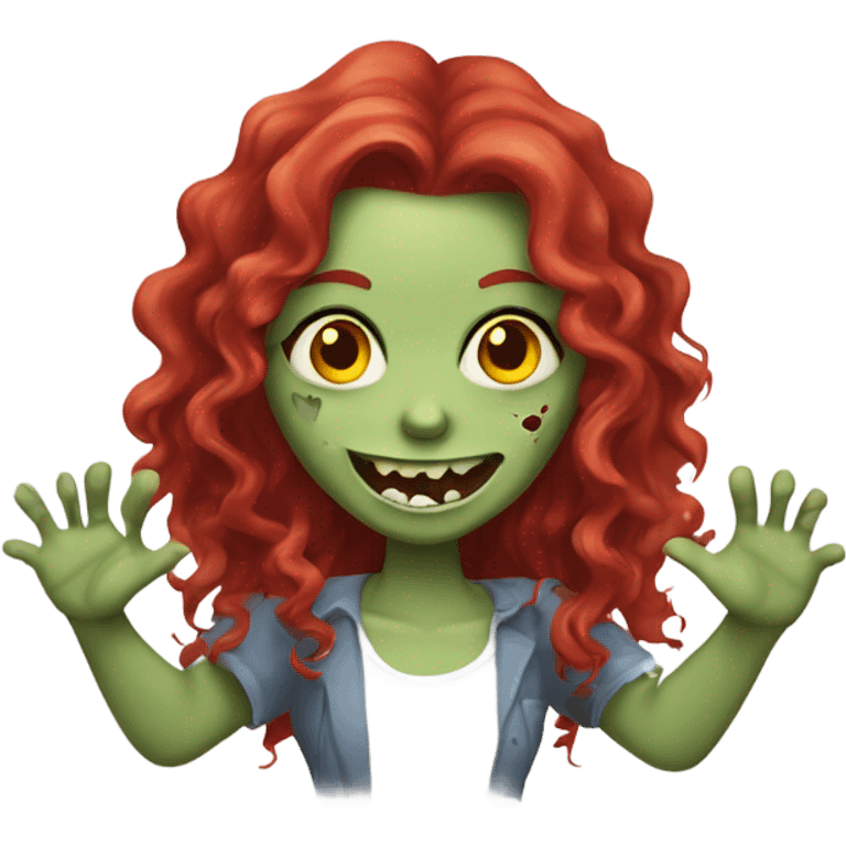 Happy zombie girl red long curly hair with both hands in the air emoji