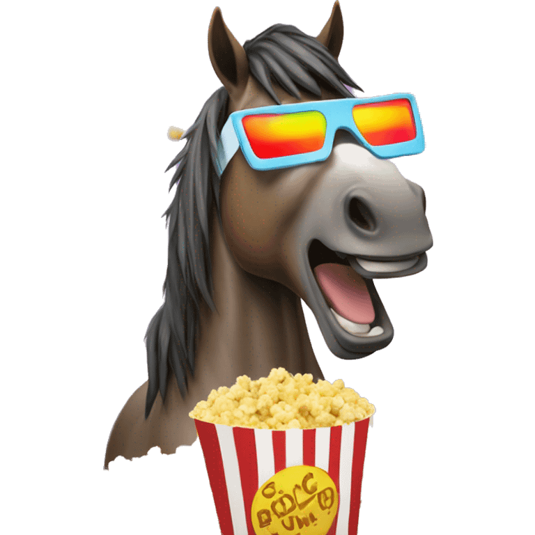 horse watches a movie in 3D glasses and eats popcorn emoji