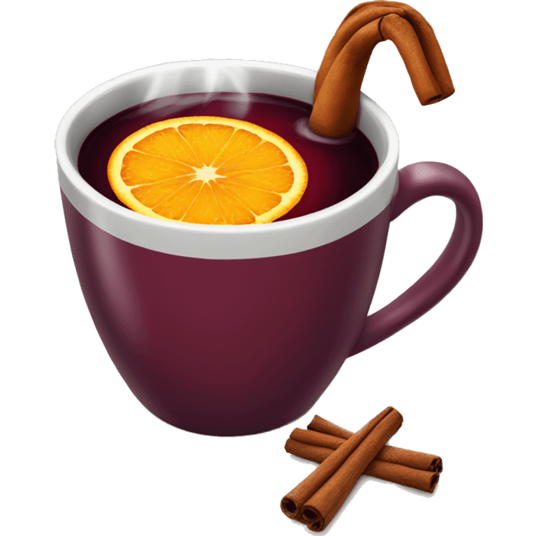 A Christmas mug of hot mulled wine, steaming with cinnamon and an orange slice. emoji