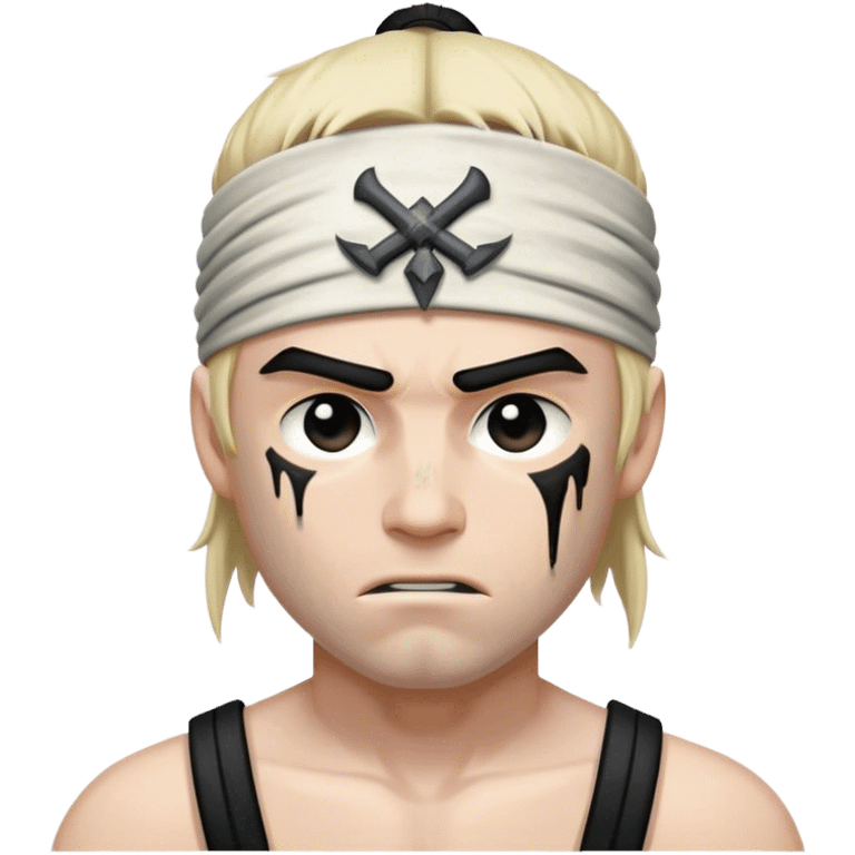 A battle-worn warrior with a black headband, sweat and dirt streaked across his pale skin emoji