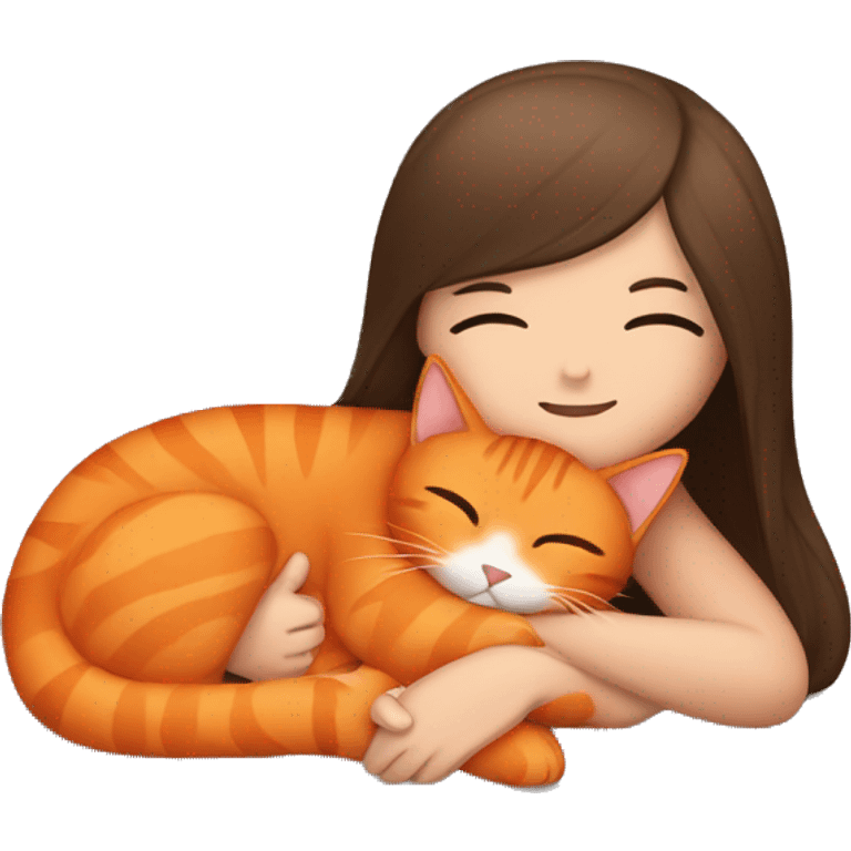 Brunette snuggling with orange cat emoji