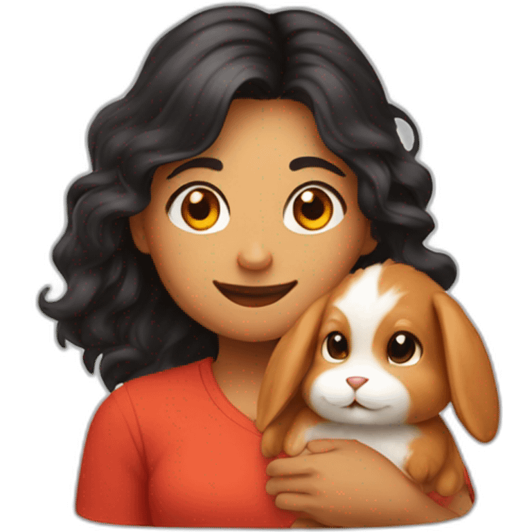 woman with brown neyes and long wavy black hair in a red shirt is holding a very fluffy orange rabbit emoji