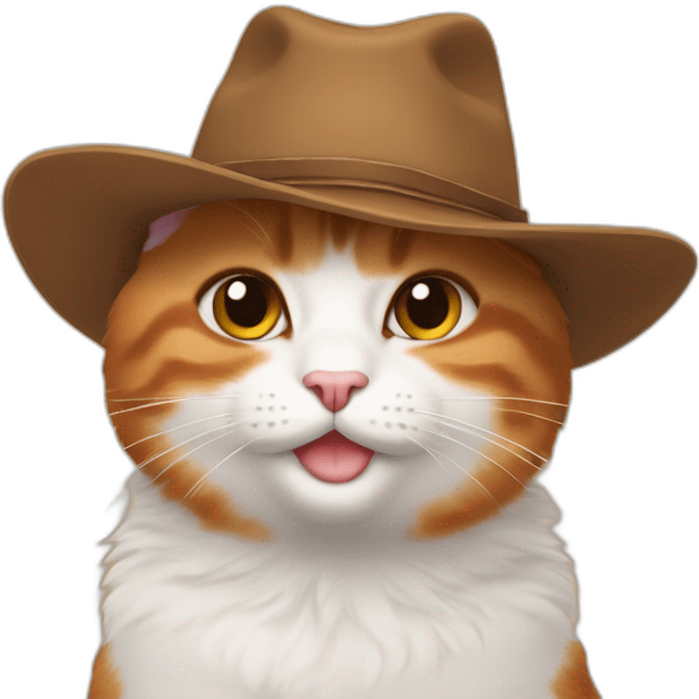 plain orange small chubby smiling hairy japanese bobtail cat while wearing a brown cowboy hat with the ears poking out of the hat emoji