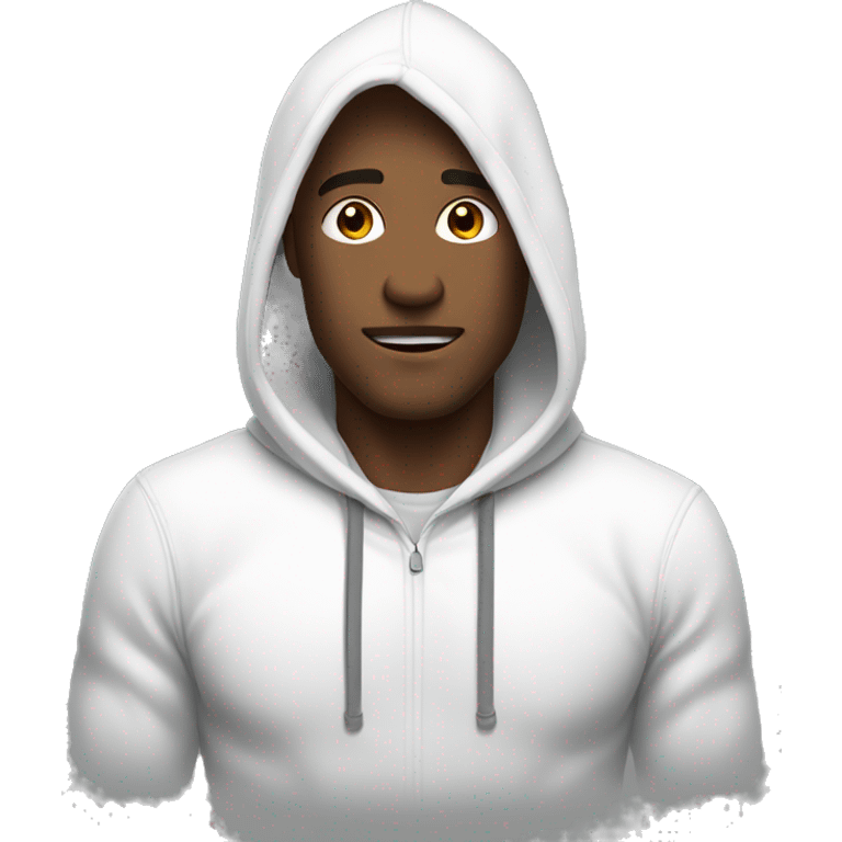 An emoji of a handsome man wearing a white hoodie, standing confidently with a friendly and relaxed expression emoji