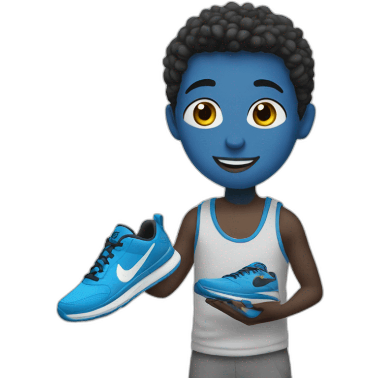 boy with blue skin holding nike sneakers in hand emoji