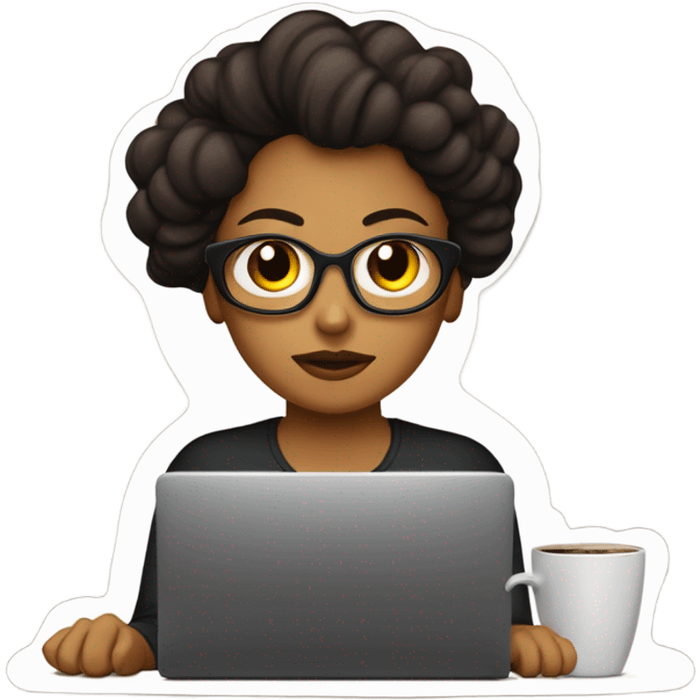 Mujer con playera negra con logo de grano de café trabajando frente a una laptop  emoji