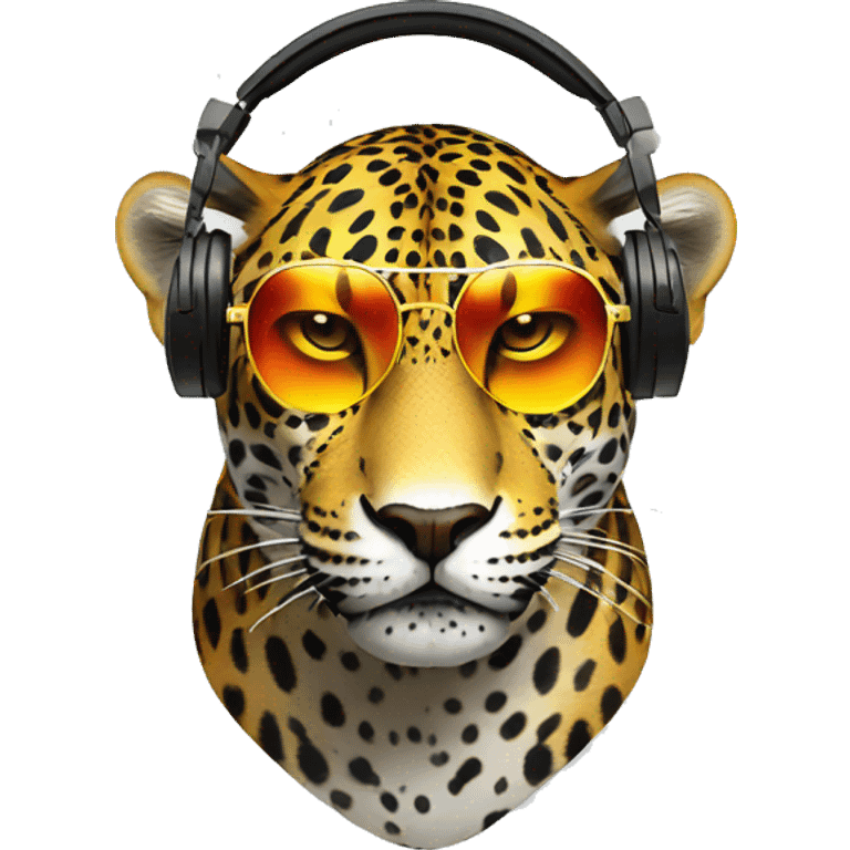 striking jaguar dj, emoji head, looking forward, wearing reflective sunglasses, wearing colorful big over-ear headphones on top of head emoji