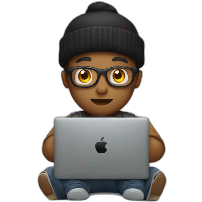 tech guy with black beanie holding a apple laptop in the lap emoji