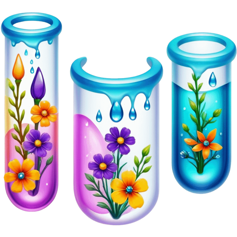 Create an icon that represents decorative arts using epoxy resin in tubes. The design should feature colorful tubes of resin, including fluorescent resin tubes, with visible drops or strokes of resin being applied to create intricate designs. Include finished resin jewelry pieces, such as pendants or rings, containing preserved flowers and insects encased in clear resin. The composition should feel vibrant, artistic, and delicate, showcasing the unique beauty of resin art with natural elements. The background should be transparent emoji