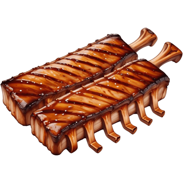 Cinematic juicy grilled ribs, glistening with smoky barbecue sauce, charred edges, tender meat falling off the bone, sizzling on a hot grill, mouthwatering and rich, warm and inviting, ultra-realistic and delicious. emoji