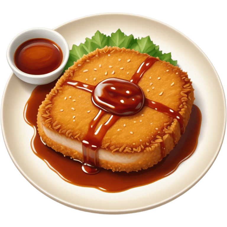 Tonkatsu Cinematic Realistic Tonkatsu Dish Emoji, depicted as a golden, crispy pork cutlet drizzled with tangy BBQ sauce, rendered with detailed textures and dynamic, appetizing lighting. emoji