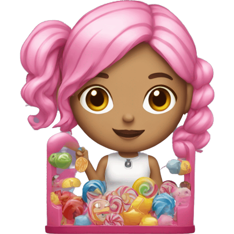 girl with pink hair holding a lollipop and inside a claw machine emoji