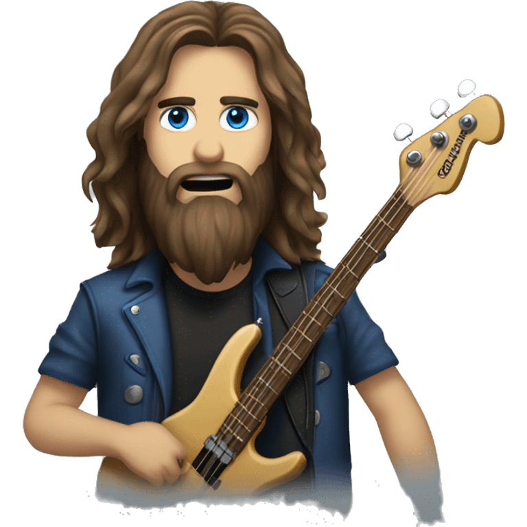 Brown long hair, blue eyes, beard, bass player, metal emoji