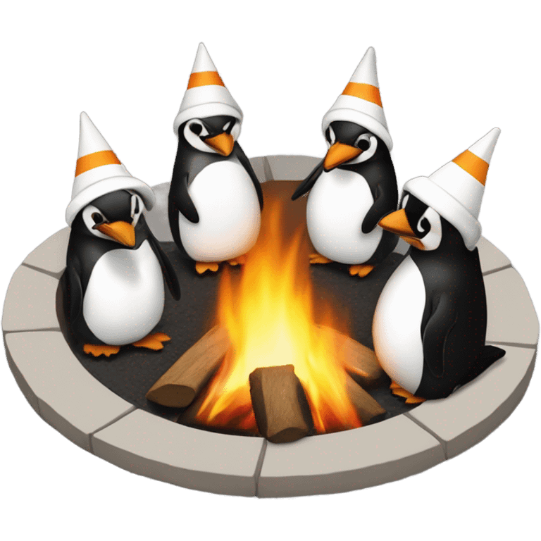 Penguins circling a fire pit while wearing white duns caps emoji