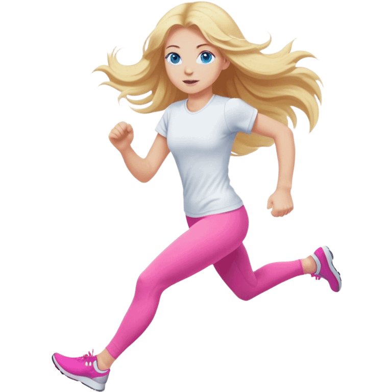 Cinematic realistic blonde with long hair and blue eyes, dressed in pink leggings and a white T-shirt, runs emoji