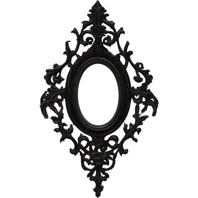 "Design a Victorian Gothic mirror with an ornate black frame featuring scrollwork and filigree. Include accents of dark red and burnt pink. The mirror glass should be gray, creating a mysterious and somber look." emoji