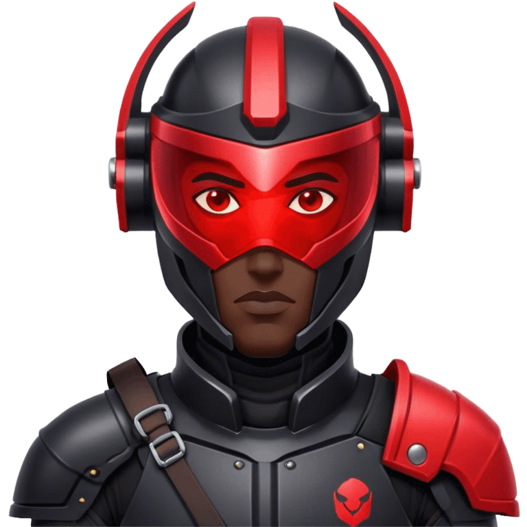 A futuristic man bounty hunter in sleek black armor, glowing red visor in the dark emoji