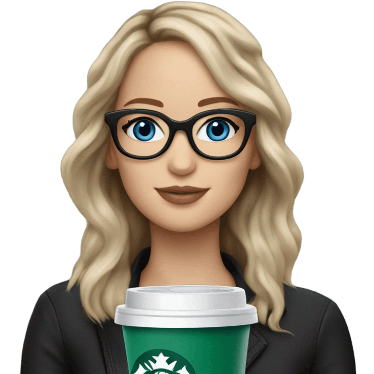 Photo of Brunette Jennifer Lawrence wearing black glasses and blue eyes drinking Starbucks  emoji