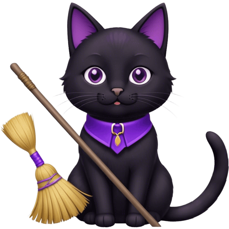 cute black cat with a broom, purple collar emoji