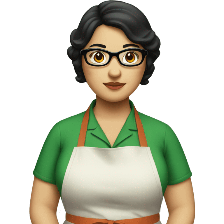 chubby lady with black hair green apron  with glasses cooking  emoji