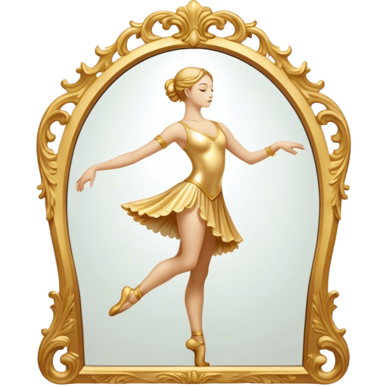 Cinematic Realistic Mirror, a large, ornate mirror reflecting a dancer’s poised silhouette, soft golden light creating depth, slight smudges on the glass adding realism, glowing with a timeless and artistic presence. emoji