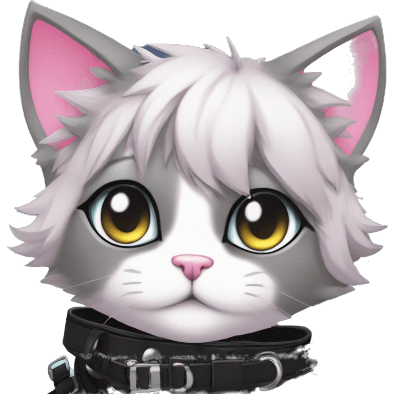 Gorgeous edgy cute shiny epic magical gradient gothic dark techwear anime style anthro cat with blushing face aesthetic and pretty edgy black with collar and harness trending style emoji