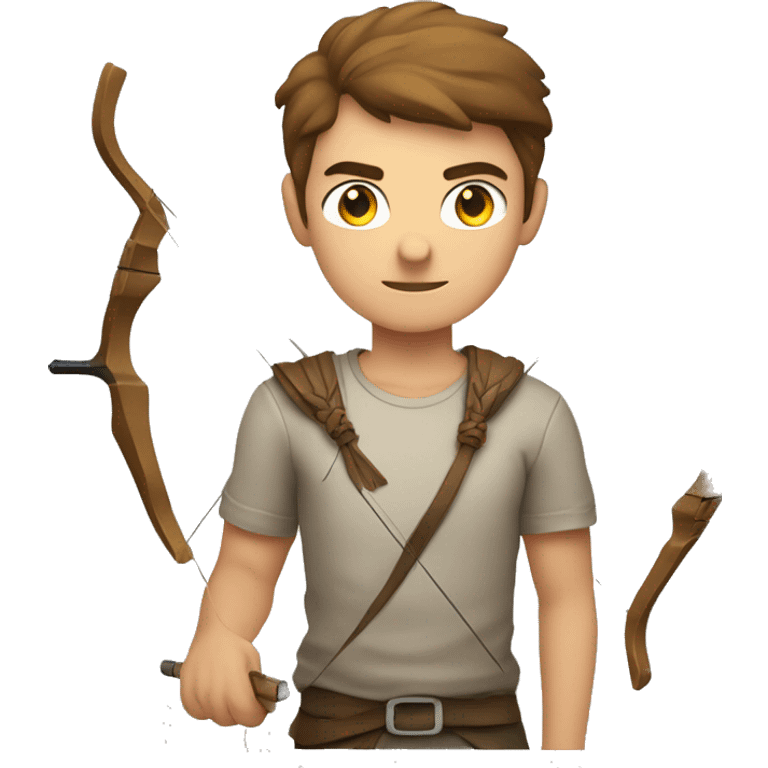 a male archer aiming with a bow looking at his target, wearing a tshirt, brown hair, bright skin, emoji