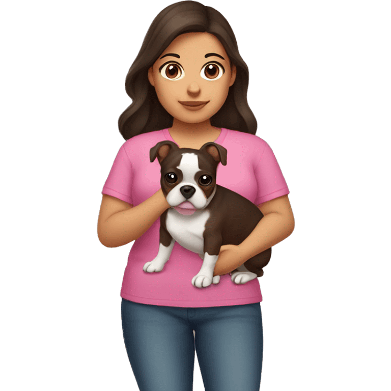 Chubby hispanic girl with brown hair and brown eyes with a pink shirt holding a boston terrier  emoji