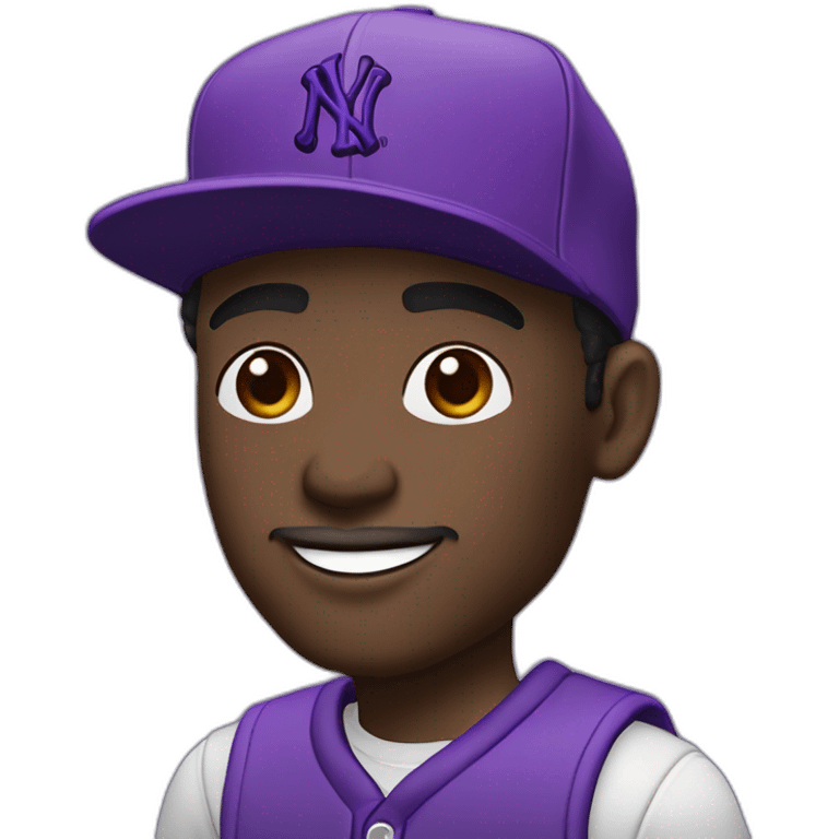 dark-skinned guy in violet attire, wearing a violet NY cap and rocking violet Jordan Retro 4. 🟣🧢👟 emoji