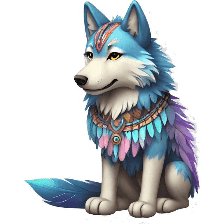 Fluffy Shy Colorful Spiritual Shamanic Wolf With Shiny Tribal Markings wearing feathers Full Body emoji