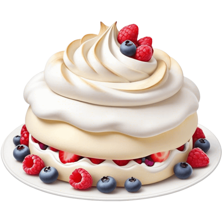 Cinematic Realistic Pavlova Dessert Emoji, showcasing a delicate meringue dessert topped with fresh fruit rendered with lifelike texture and soft natural lighting. emoji