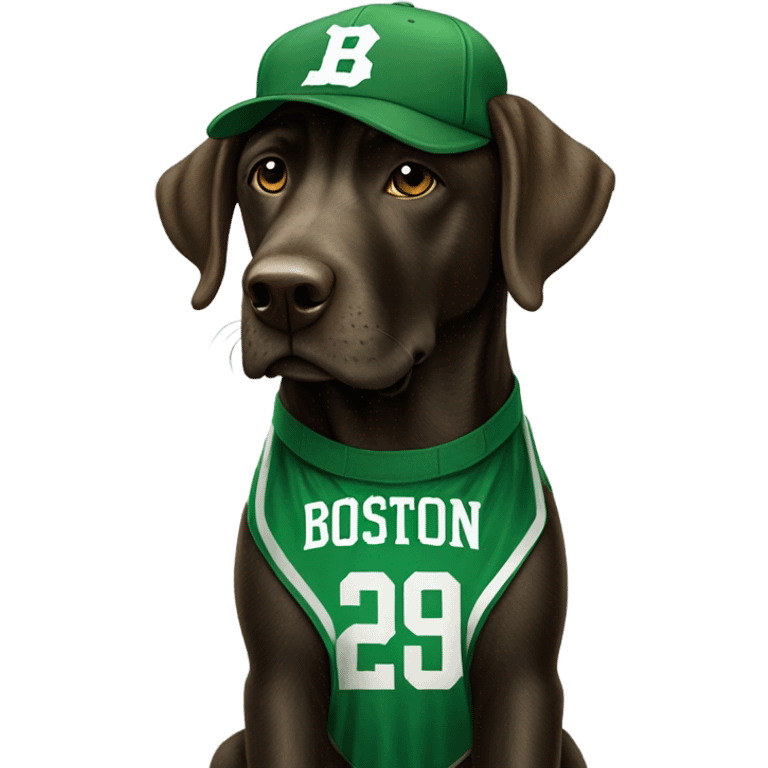 Brindle lab dog wearing Boston Celtics gear emoji