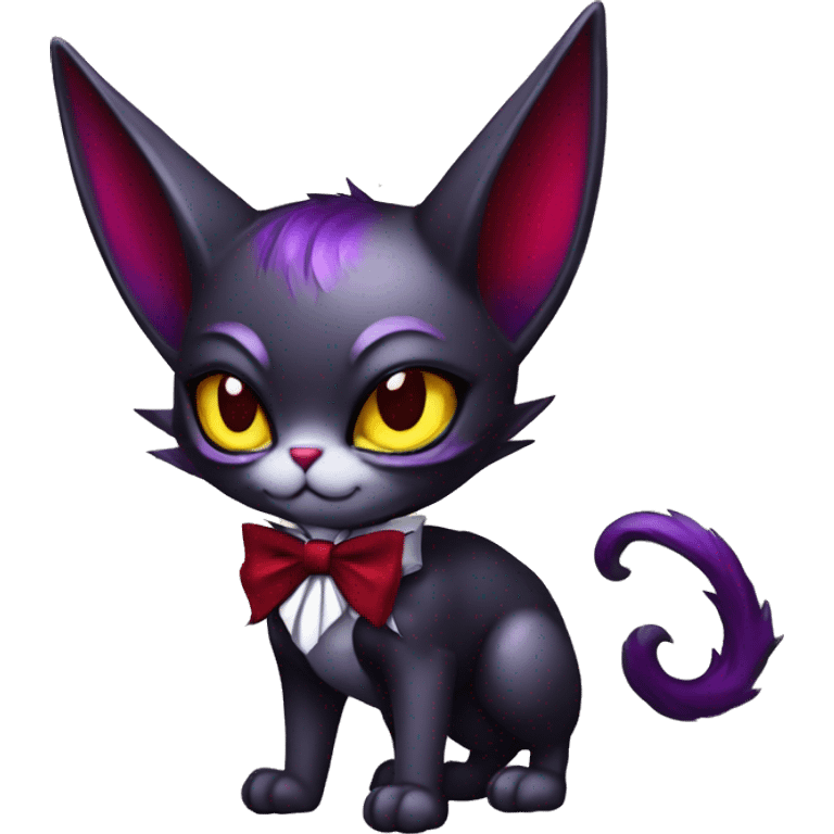 Cute-Evil-Vampiric-Batty-Cat-Black-Purple-Red-Yellow-Contrast-Colors-Fantasy-Fur-Sona-Chibi-Shiny-Fakémon-Hybrid with horns and big fangs neck bow white tie leg spats full body emoji