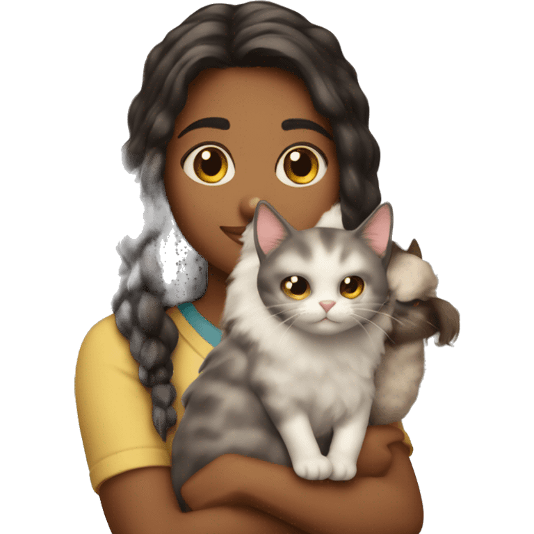 burnete girl holding a fluffy cat emoji